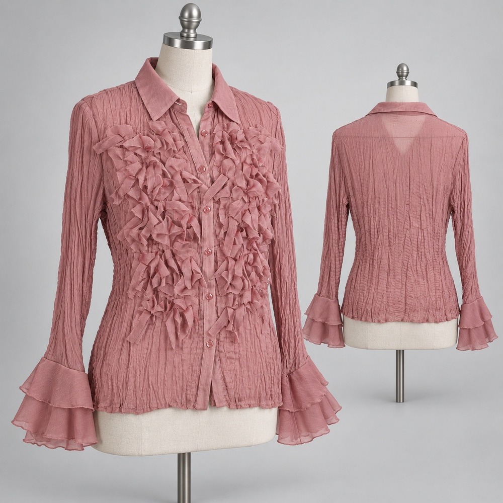 Pink Sheer Blouse Ruffle Bell Sleeve 3D Ribbon Applique  CrinkleTop M